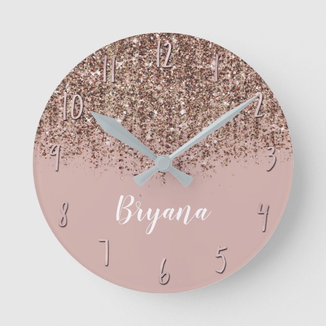 Taupe Blush Pink Rose Bronze Gold Glitter Glam Round Clock (Front)