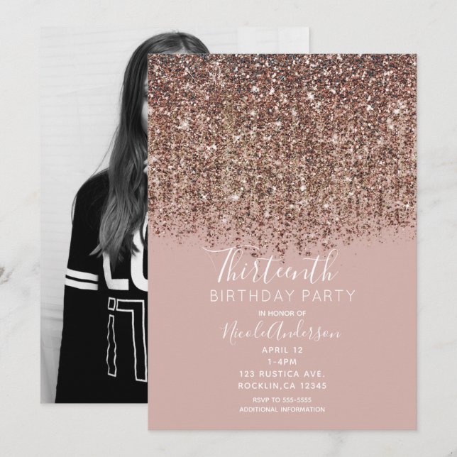 Taupe Blush Pink Rose Gold Glitter Birthday Photo Invitation (Front/Back)
