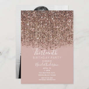 Taupe Blush Pink Rose Gold Glitter Birthday Photo Invitation