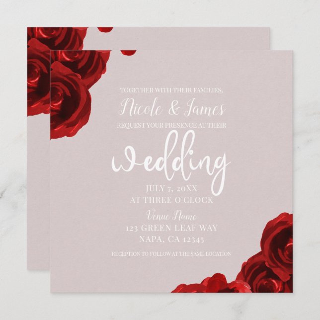 Taupe Blush Red Watercolor Roses Modern Wedding Invitation (Front/Back)