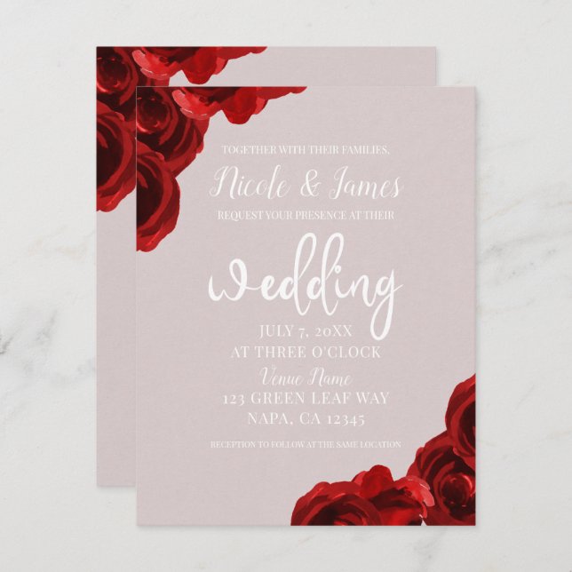 Taupe Blush Red Watercolor Roses Modern Wedding Invitation (Front/Back)