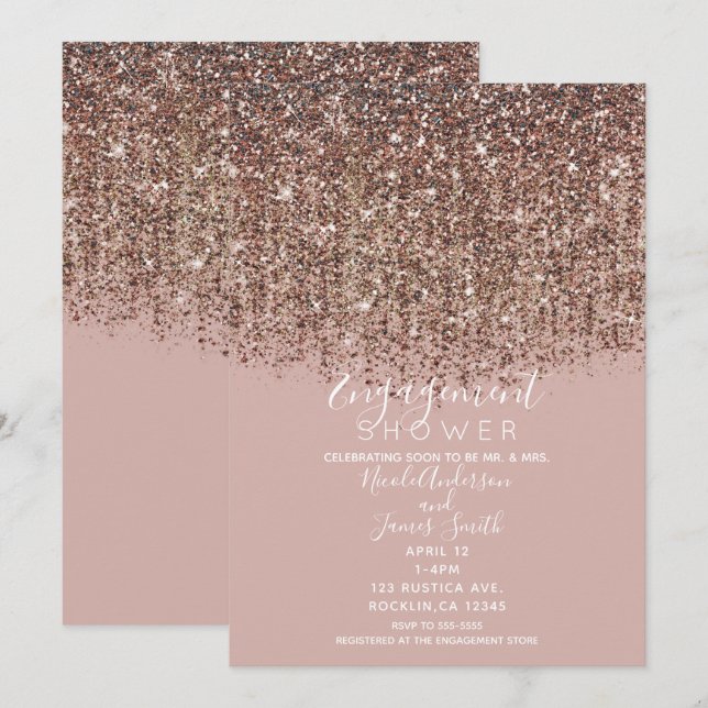 Taupe Blush Rose Gold Glitter Engagement Shower Invitation (Front/Back)