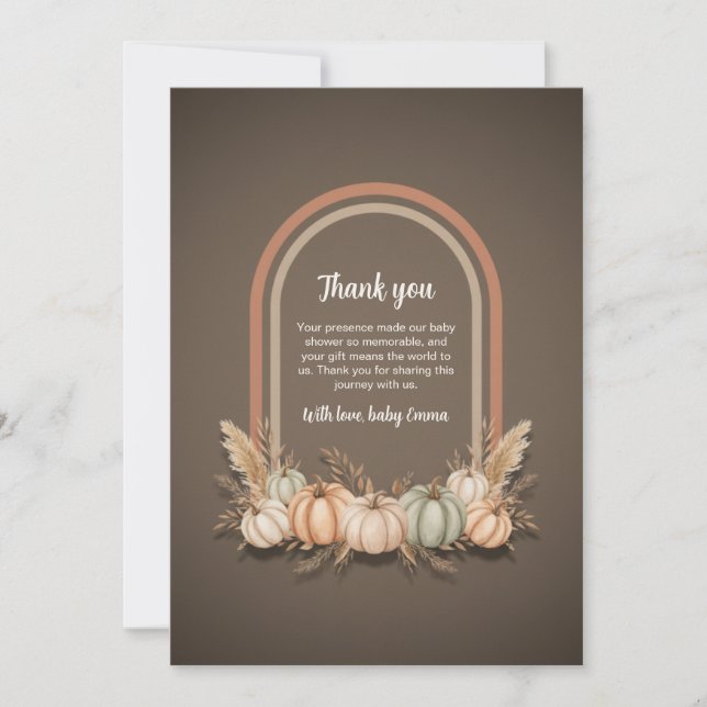 Taupe Boho Arch Pumpkin Fall Baby Shower Thank You (Front)