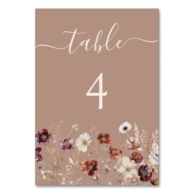 Taupe Boho Fall Wildflower Wedding Table Number (Front)