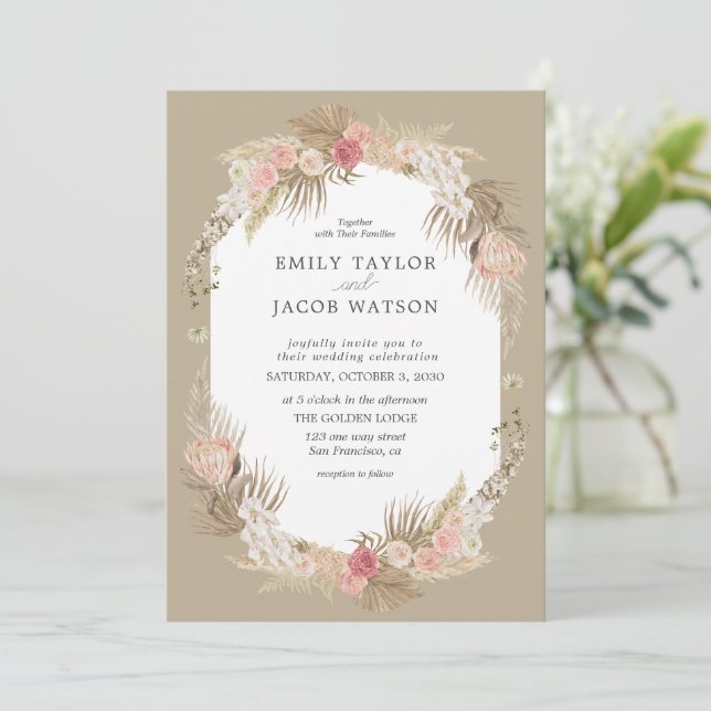 Taupe Boho Floral Wedding invitation (Standing Front)