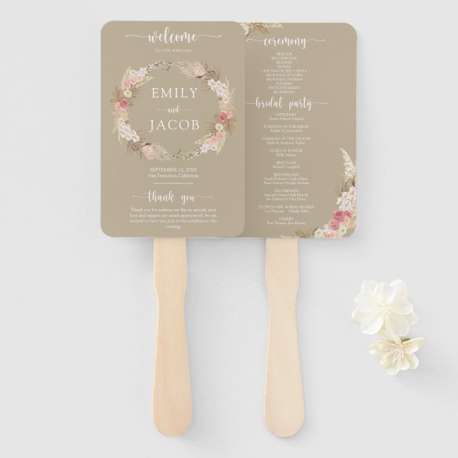 Taupe Boho Floral Wedding Program hand Fan (Front and Back)