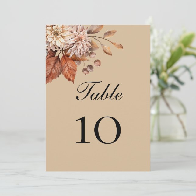 Taupe Boho Floral Wedding Table Number Cards (Standing Front)