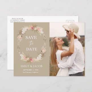 Taupe Boho floral wreath Save the date Postcard