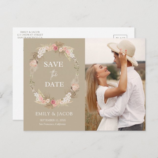 Taupe Boho floral wreath Save the date Postcard (Front/Back)