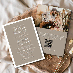 Taupe Boho QR Code Photo Minimalist Wedding Invitation