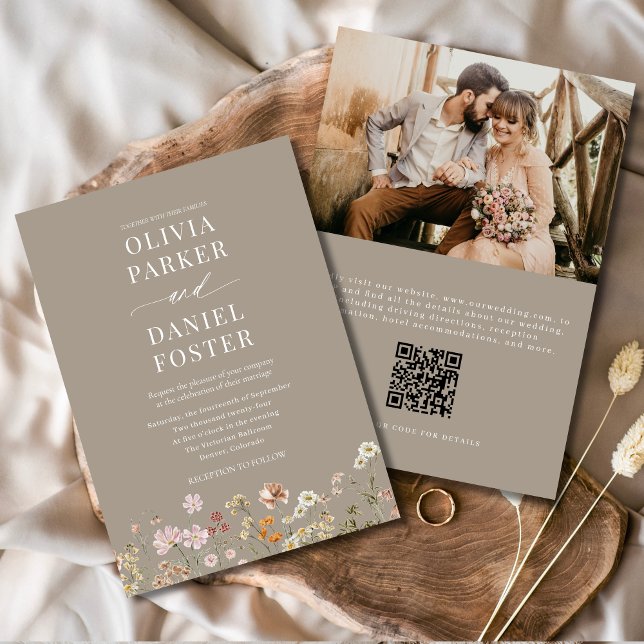 Taupe Boho Wildflower QR Code Photo Wedding  Invitation (Creator Uploaded)
