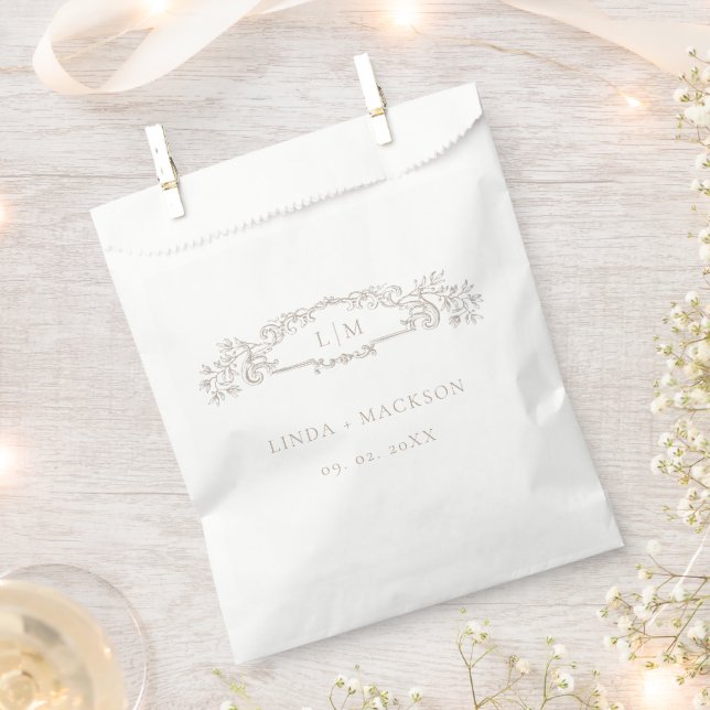 Taupe  botanical crest monogram wedding favour bag (Clipped)