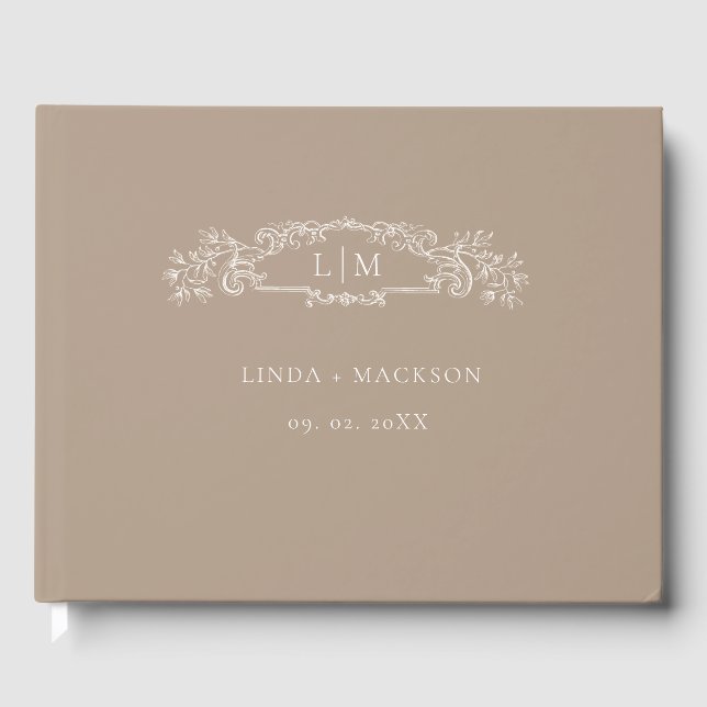Taupe botanical crest monogram wedding guest book (Front)