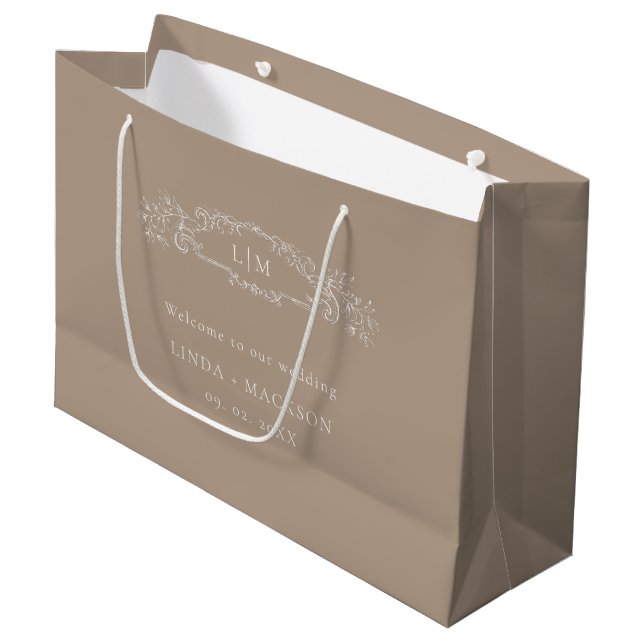 Taupe botanical crest monogram wedding large gift bag (Front Angled)