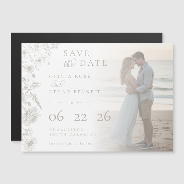 Taupe Botanical Photo Wedding Save the Date Magnet (Front/Back)