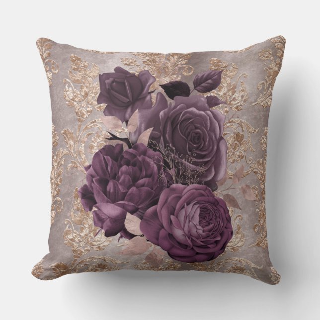 Taupe/Bronze Plum Floral Pillow (Front)