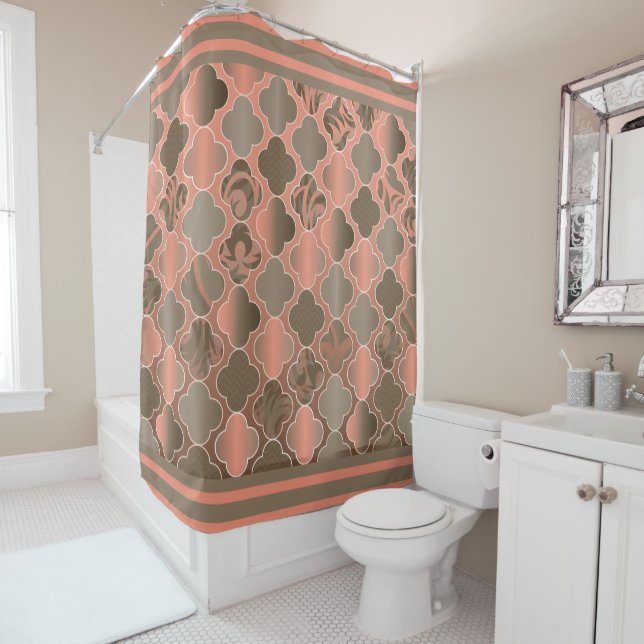 Taupe Brown and Peach Quatrefoil Patterns Shower Curtain (In Situ)