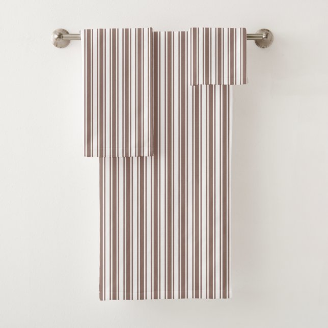 Taupe brown and white candy stripes bath towel set (Insitu)