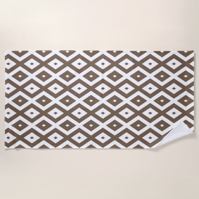 Taupe brown and white diamond pattern beach towel (Front)