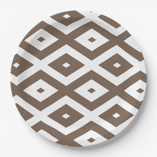 Taupe brown and white diamond pattern paper plate (Front)