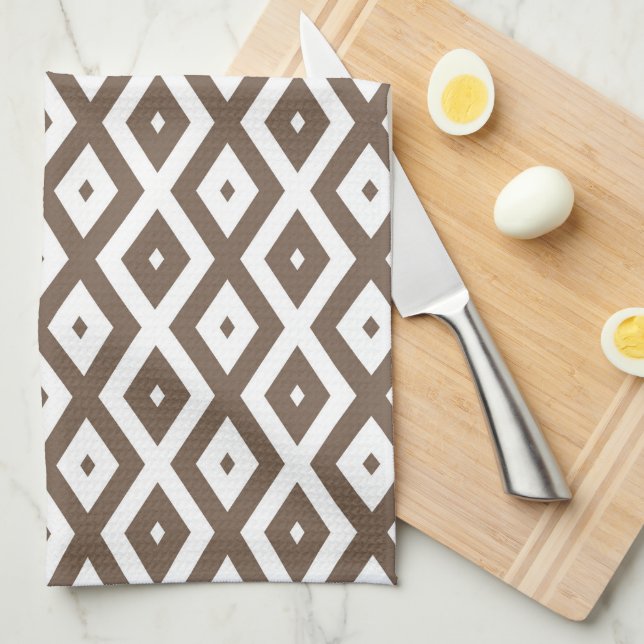 Taupe brown and white diamond pattern tea towel (Quarter Fold)