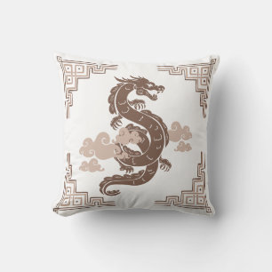 Taupe Brown Chinoiserie Dragon and Clouds Cushion
