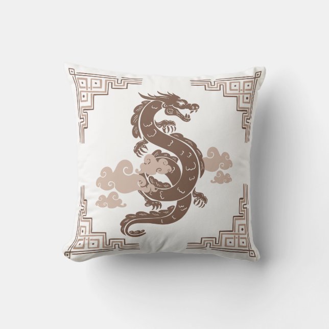 Taupe Brown Chinoiserie Dragon and Clouds Cushion (Front)