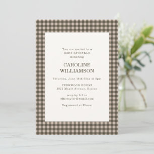 Taupe Brown Gingham Check Plaid Baby Sprinkle Invitation
