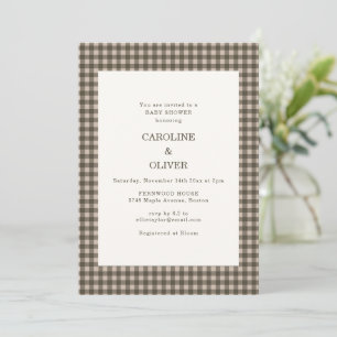 Taupe Brown Gingham Check Plaid Couple Baby Shower Invitation
