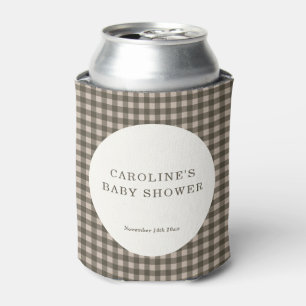 Taupe Brown Gingham Plaid Custom Baby Shower Can Cooler