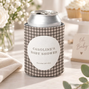 Taupe Brown Gingham Plaid Custom Baby Shower Can Cooler