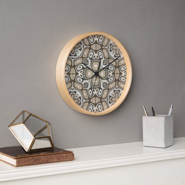 Taupe Brown Grey Beige Hip Bohemian Art Motif Clock (Office)