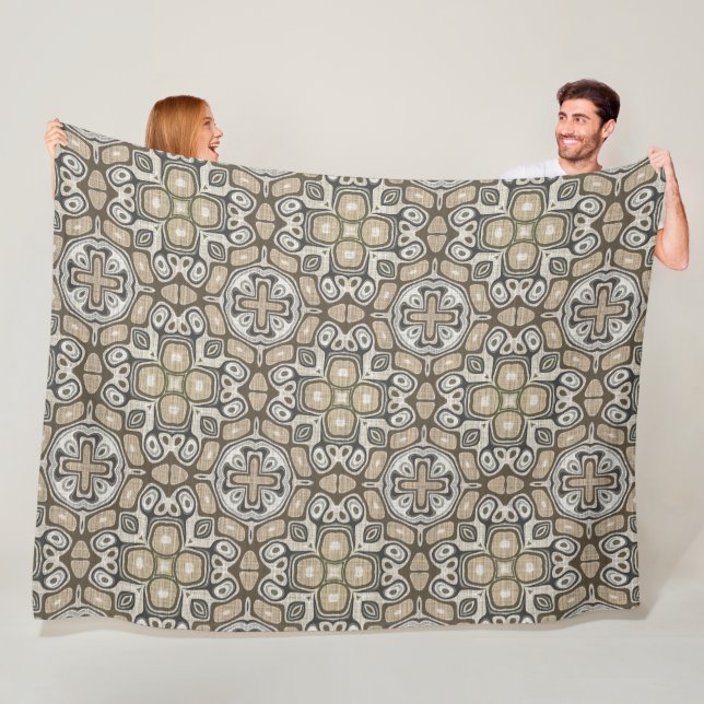 Taupe Brown Grey Beige Hip Bohemian Art Motif Fleece Blanket (In Situ)