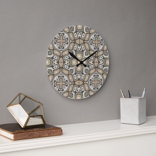 Taupe Brown Grey Beige Hip Bohemian Art Motif Large Clock (Office)
