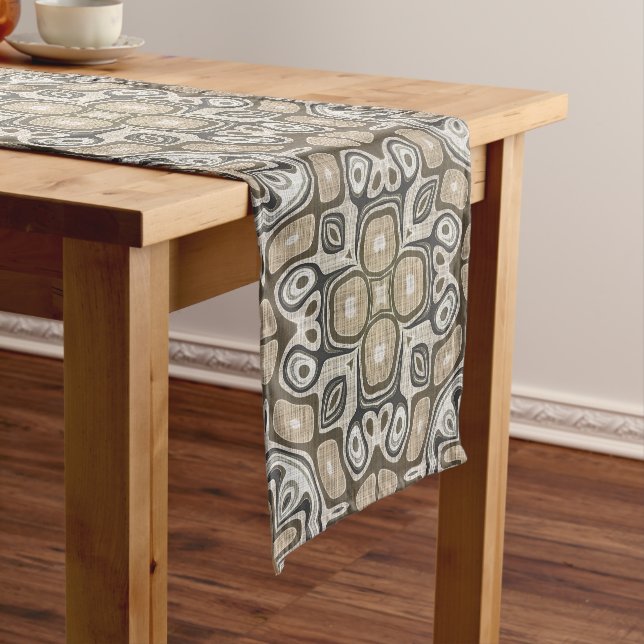 Taupe Brown Grey Beige Hip Bohemian Art Motif Short Table Runner (In Situ)