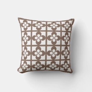Taupe Brown on White Geometric Floral Cushion