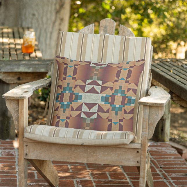 Taupe Brown Orange Teal Blue Green Tribal Art Cushion (Chair)