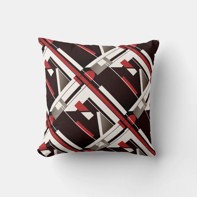 Taupe Brown Red White Diagonal Geometric Design Cushion (Front)