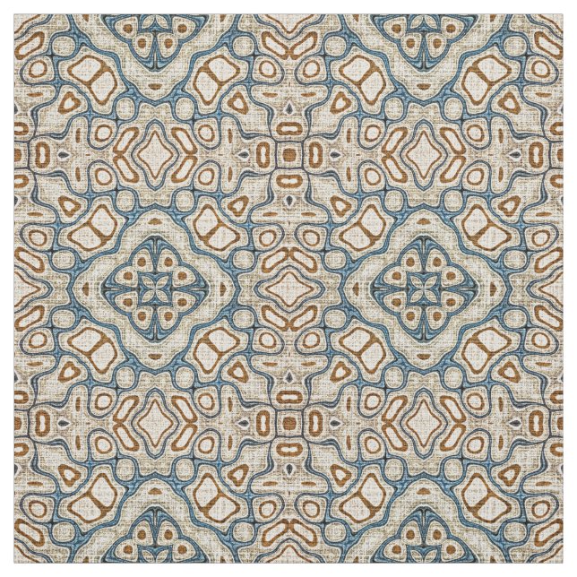 Taupe Brown Teal Blue Bali Batik Style Pattern Fabric (Swatch)