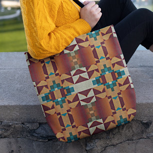 Taupe Brown Teal Blue Green Tribal Art Pattern Tote Bag