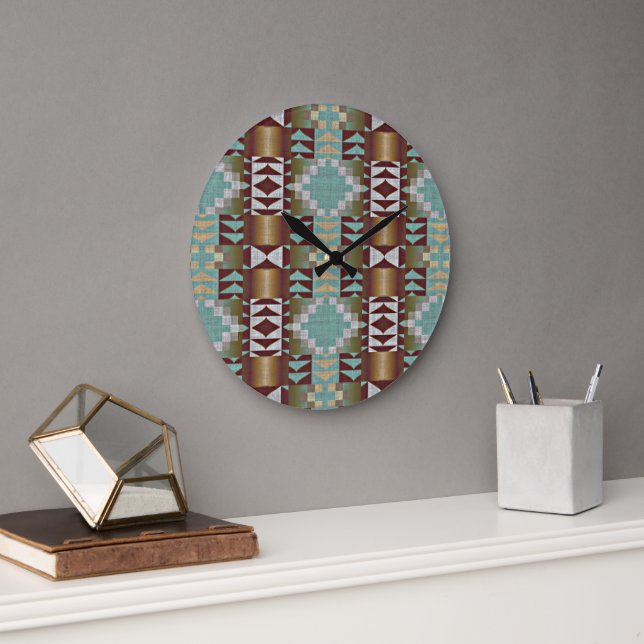 Taupe Brown Turquoise Aqua Blue Tribal Pattern Large Clock (Office)