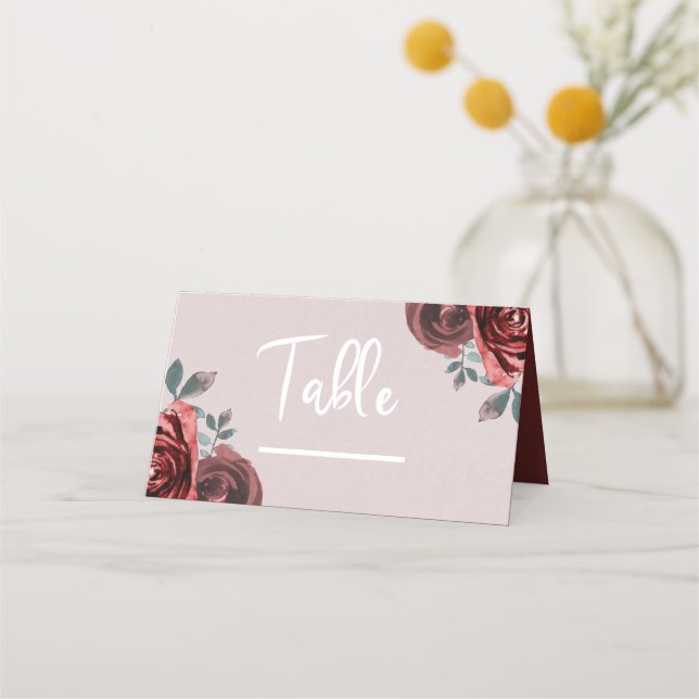 Taupe Burgundy Watercolor Roses Greenery Wedding Place Card (Front)