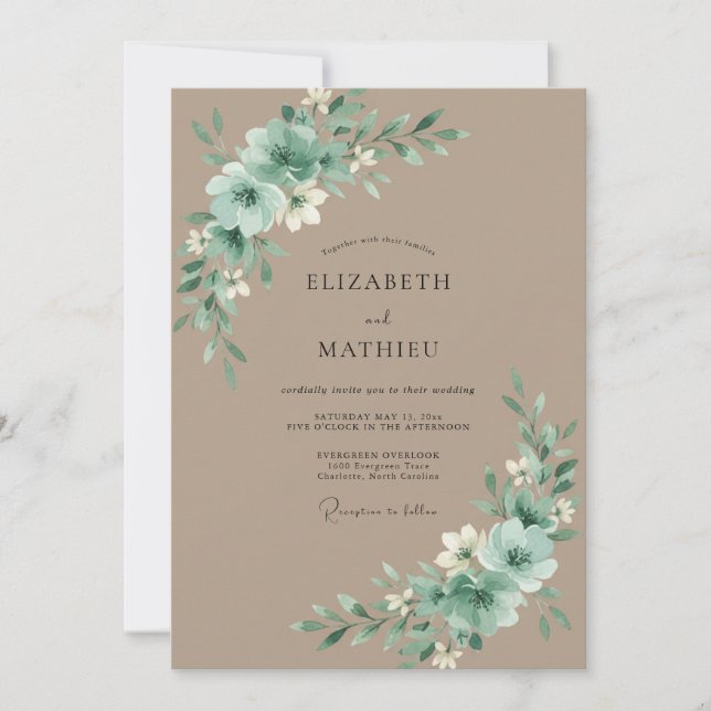 Taupe Celadon Peony Wedding Invitation (Front)