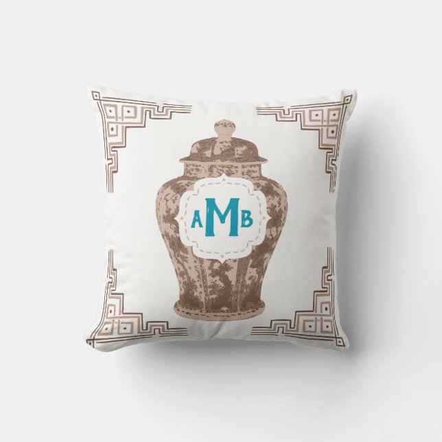 Taupe Chinoiserie Ginger Jar Monogram Cushion (Front)