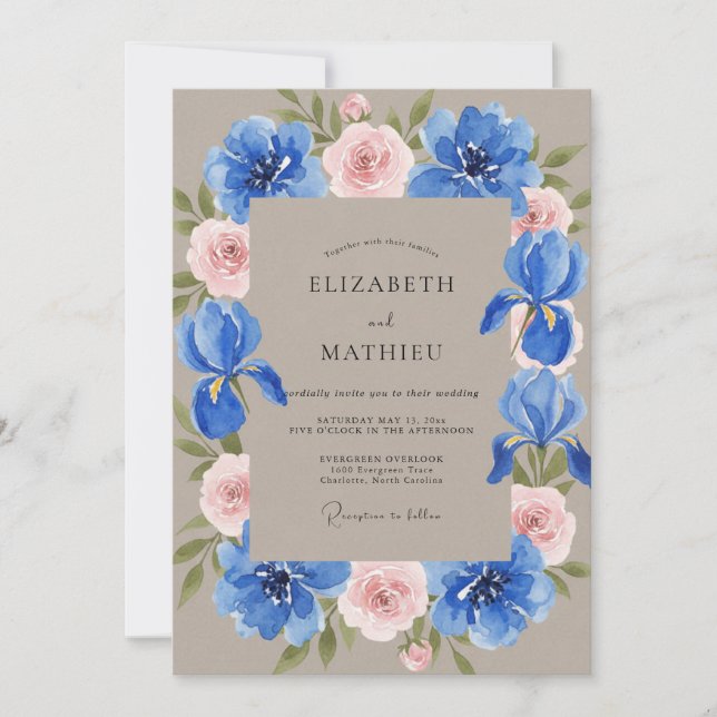 Taupe Cobalt Iris Eucalyptus Wedding Invitation (Front)