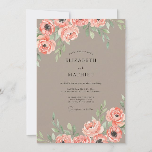 Taupe Coral Leaf Wedding Invitation (Front)