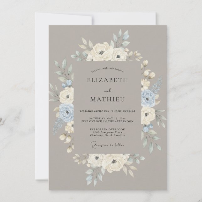 Taupe Cornflower Wreath Wedding Invitation (Front)