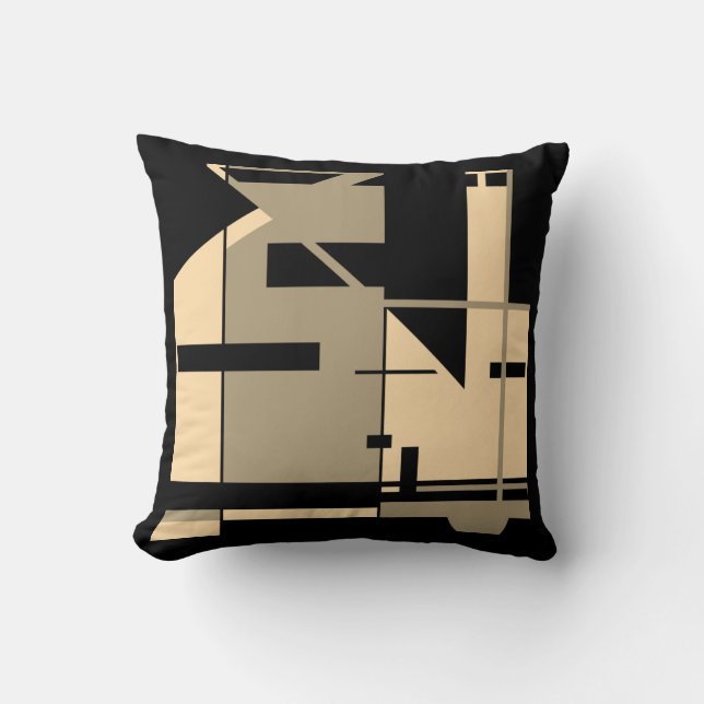 Taupe Cream Black Bold Geometric Mosaic Abstract Cushion (Front)