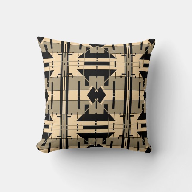 Taupe Cream Black Geometric Abstract Tile Design  Cushion (Front)