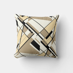 Taupe Cream Black White Abstract Art Angular Motif Cushion